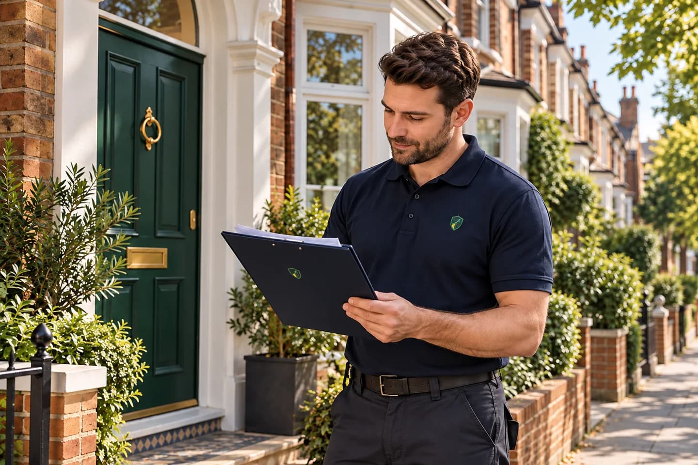 Terraced home with a green front door and an assessor reviewing property records