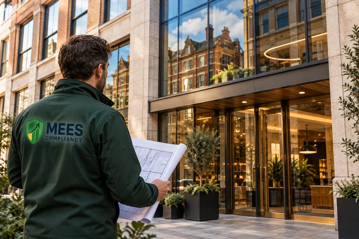 Commercial property facade with an assessor reviewing a building plan