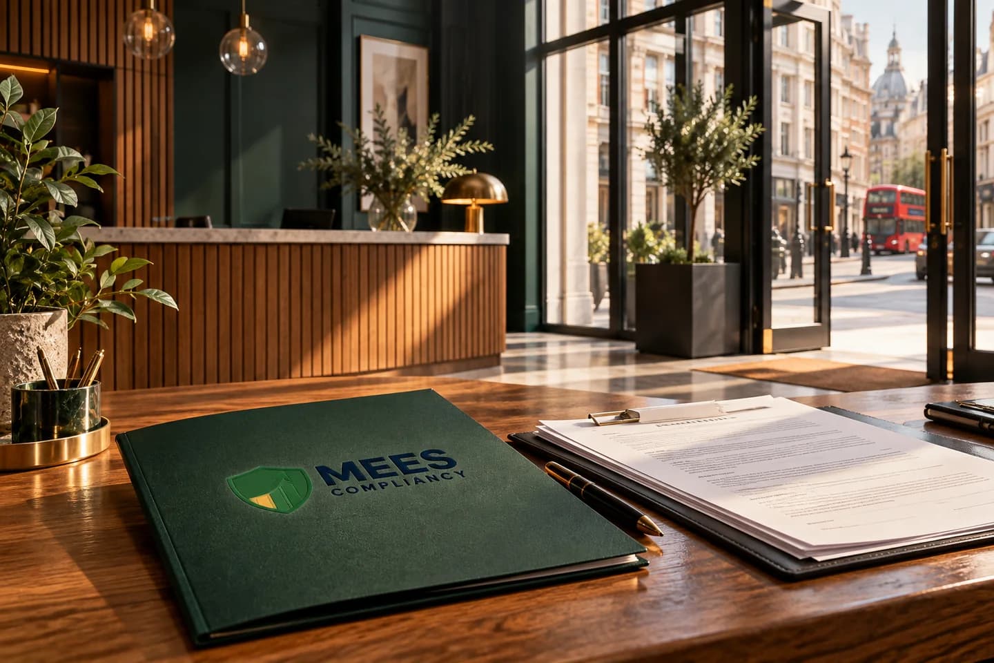 Commercial shop entrance with property review papers and a green MEES folder