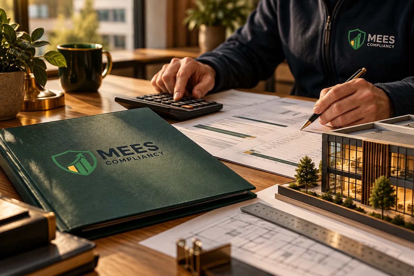 Calculator, quotations and commercial building model beside a green MEES folder