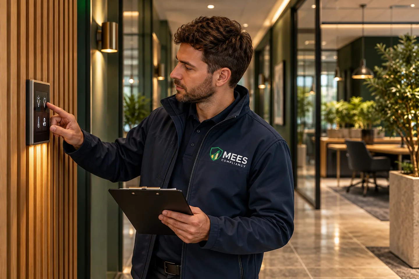 Assessor reviewing lighting and heating controls in a commercial office