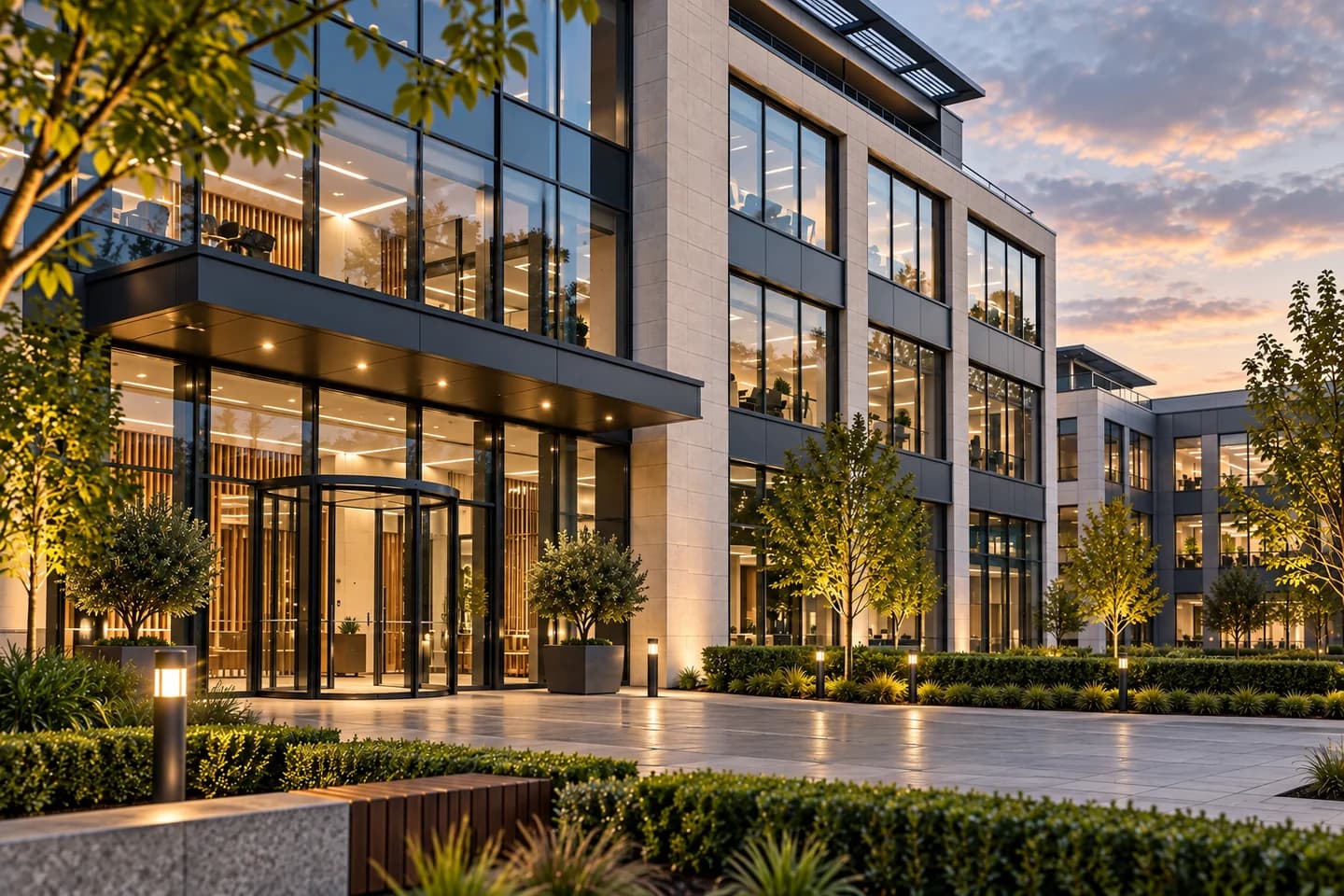 Large office building with glazed entrance, planted trees and an open forecourt