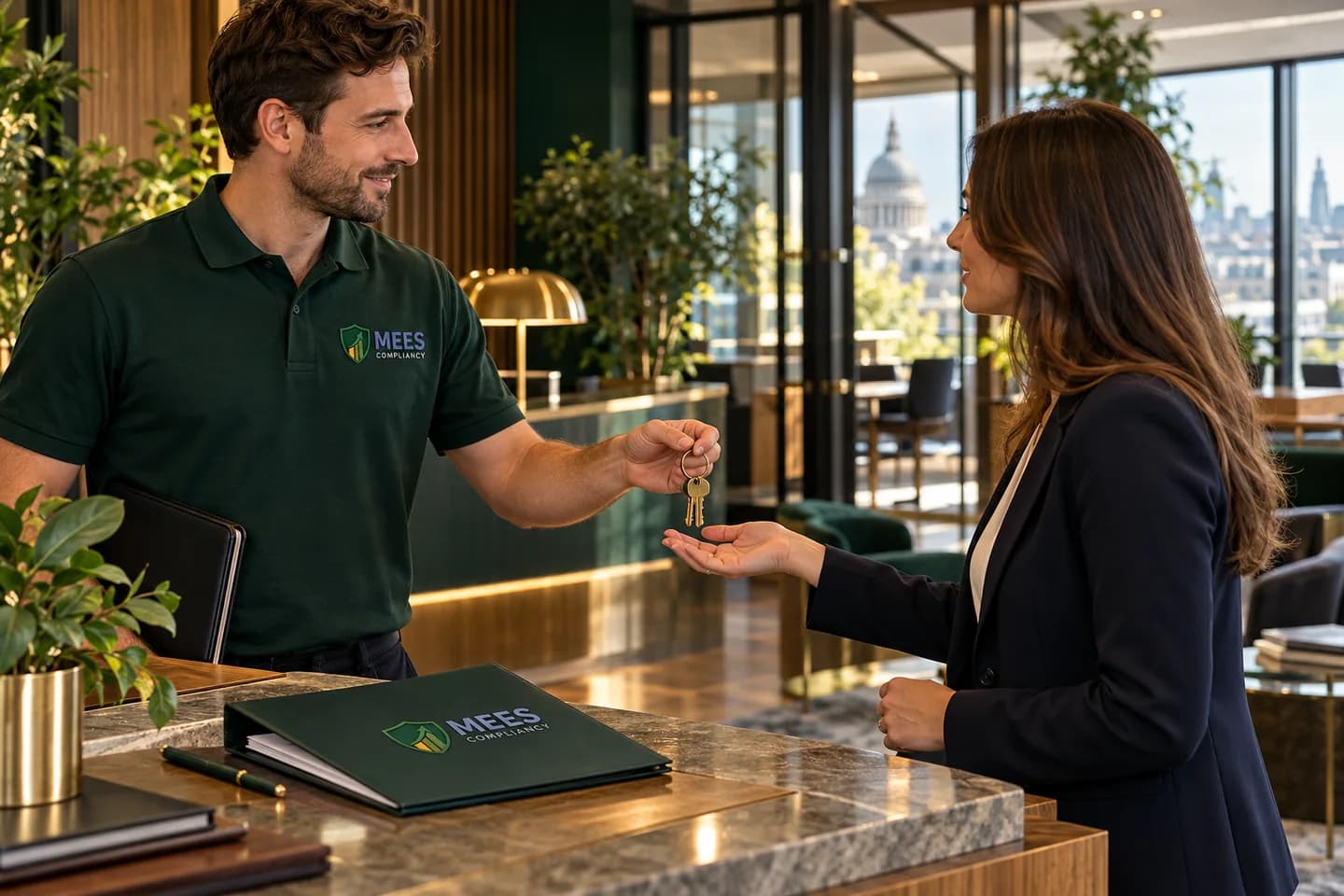 Property professionals exchanging keys beside a MEES-branded review folder