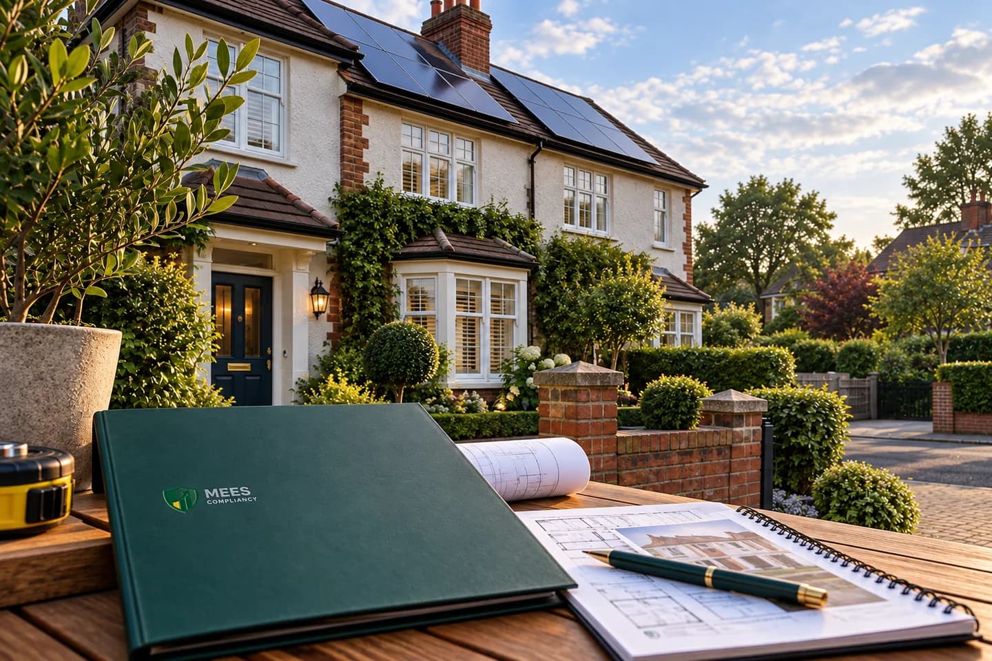Semi-detached home with roof solar panels and a property planning folder