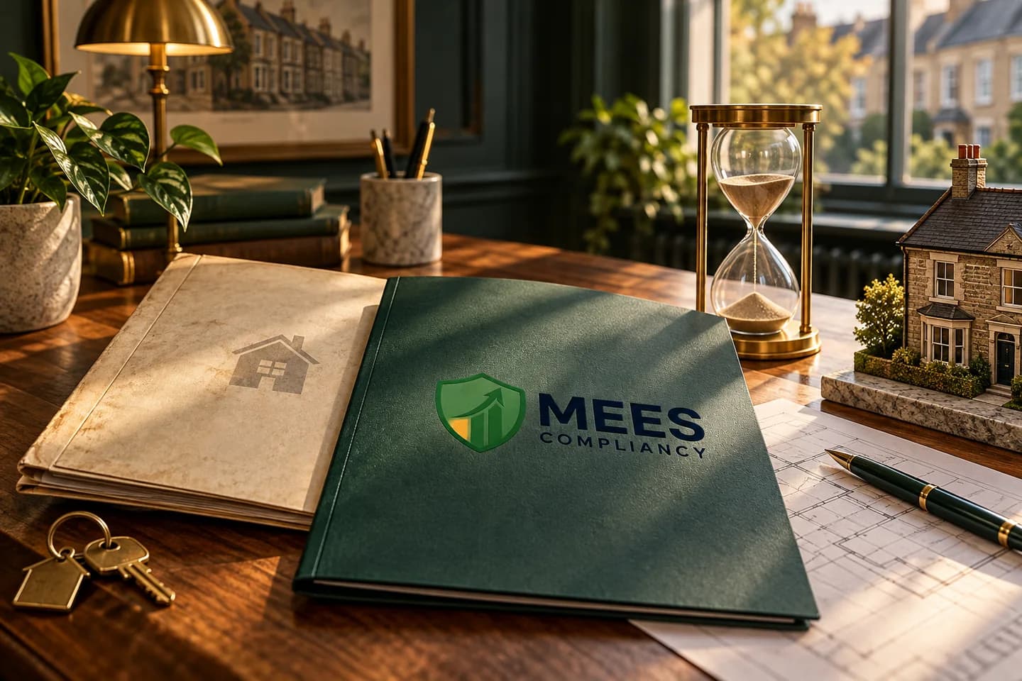 Property folders, an hourglass and a house model beside a window