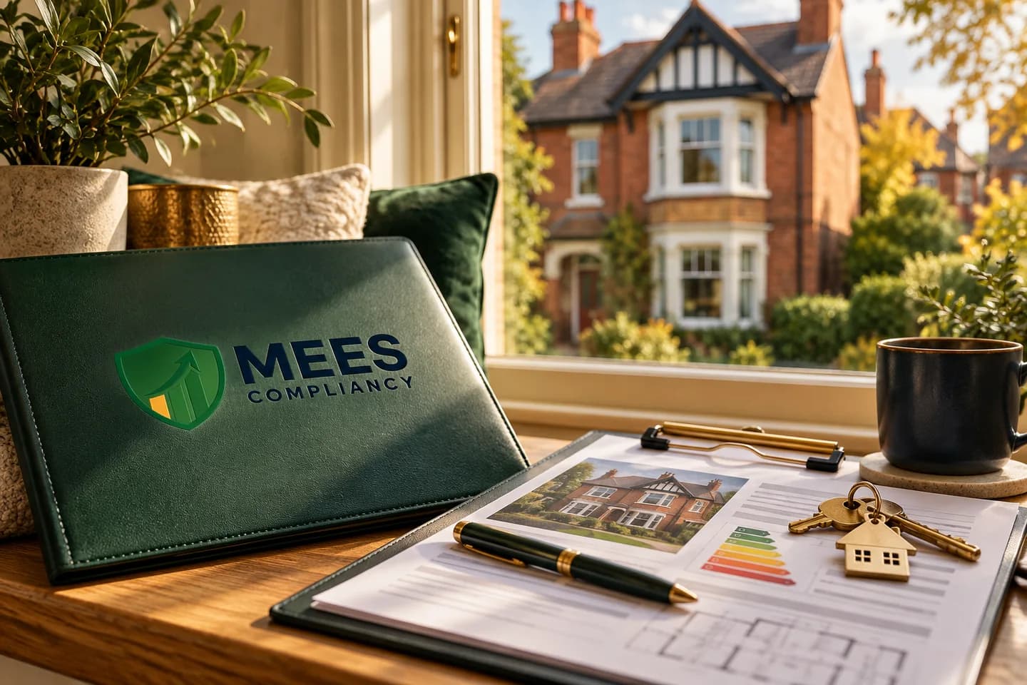 House facade beyond a clipboard, brass keys and property review folder