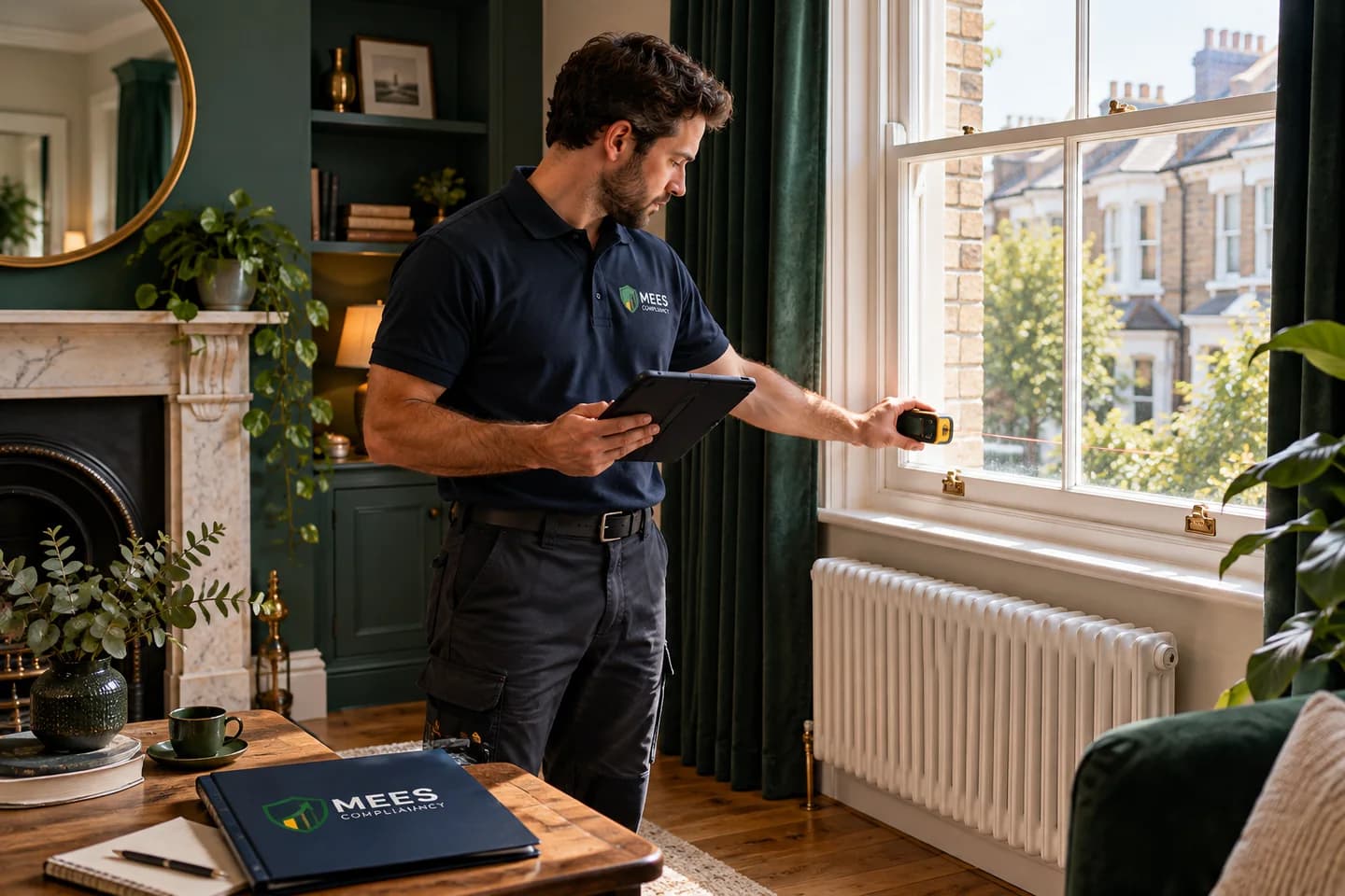 Assessor recording window and radiator details in a British terraced home