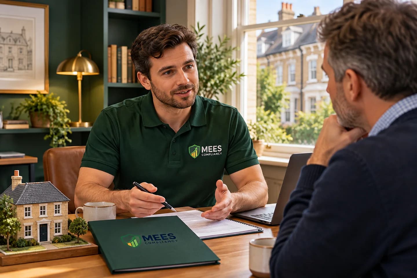 Property adviser and owner discussing documents and a house model at a table