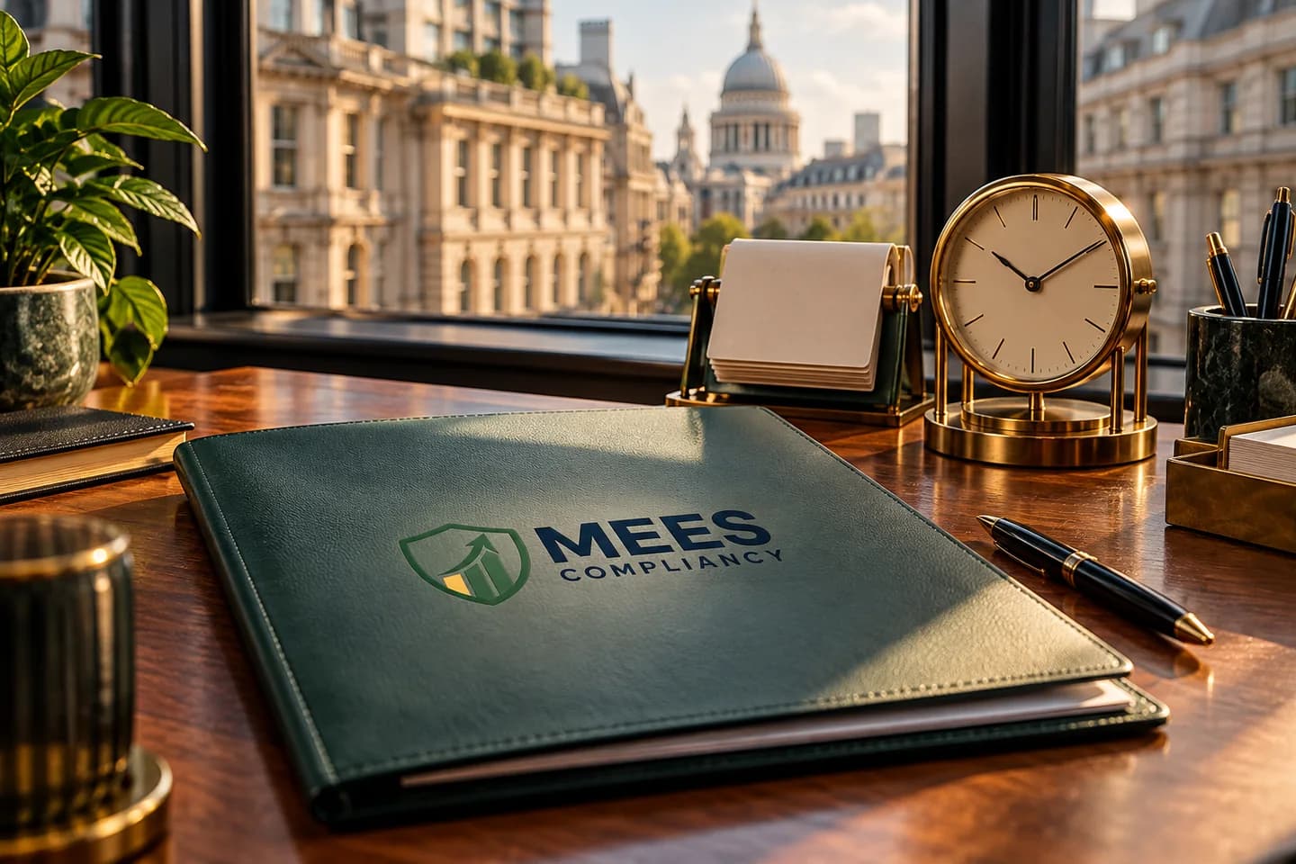 Desk clock, calendar and MEES-branded property folder beside an office window