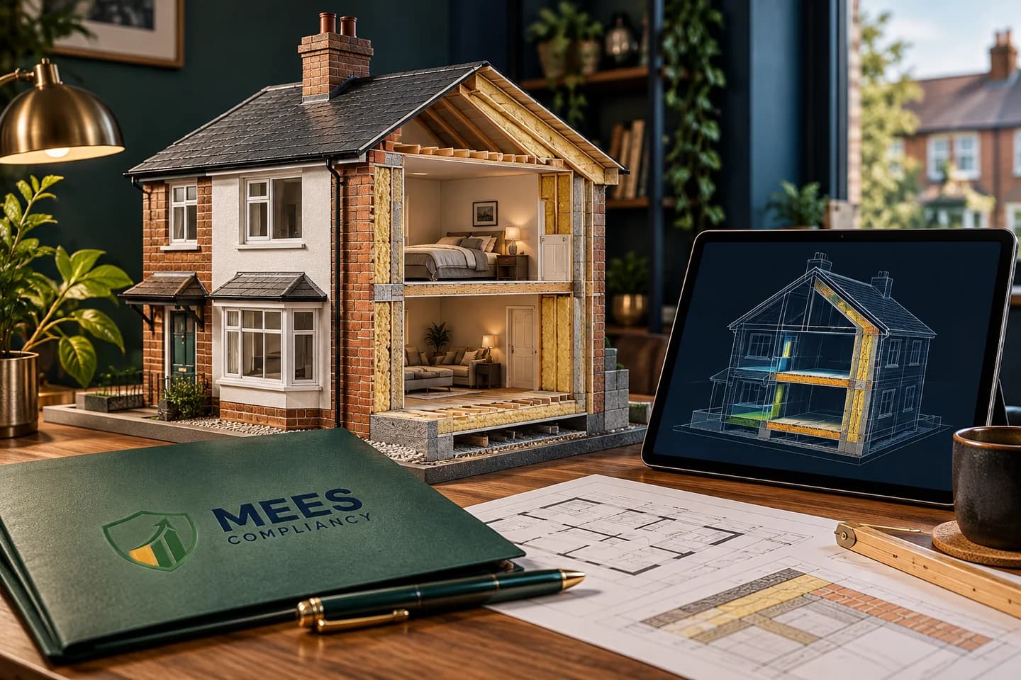 Cutaway house model showing roof, wall and floor layers beside a tablet