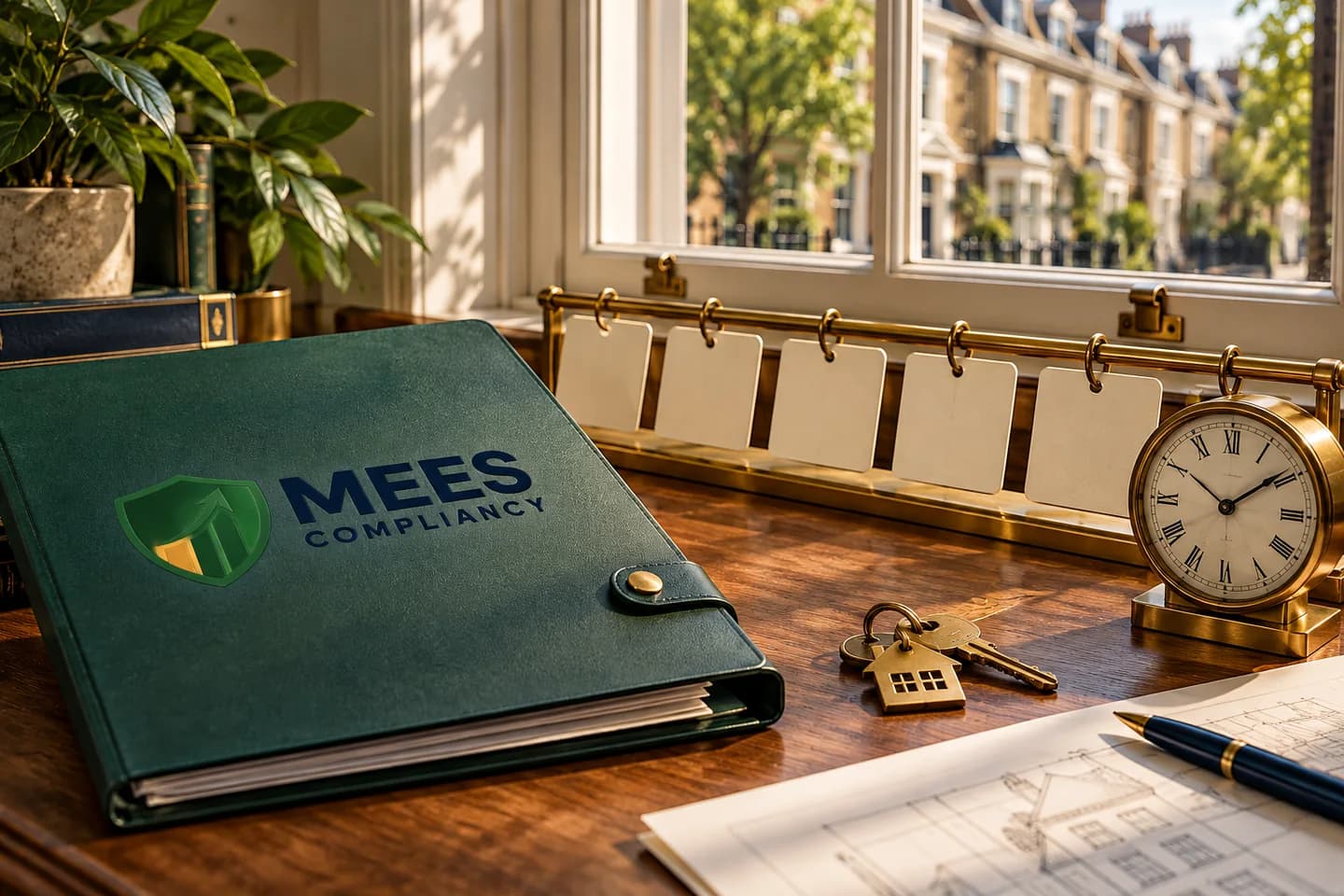 Calendar, clock and property keys beside a green evidence folder