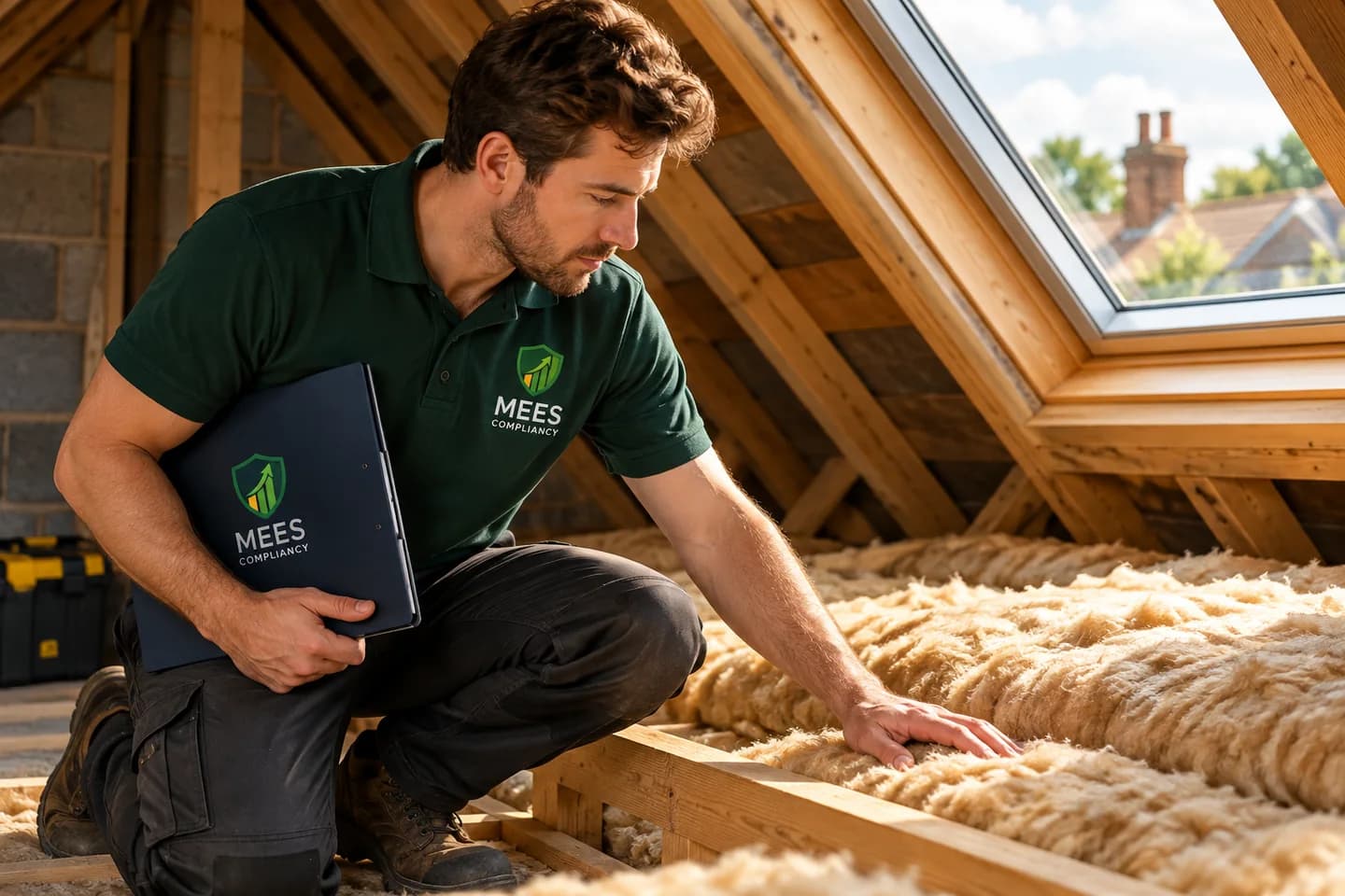 Property professional reviewing loft insulation beneath a timber rooflight
