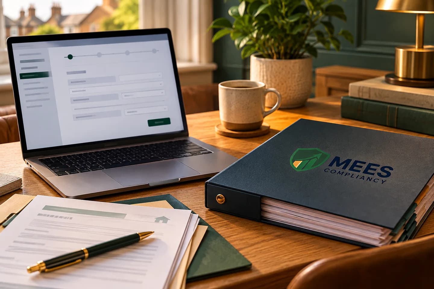 Laptop and organised property evidence file on an oak desk