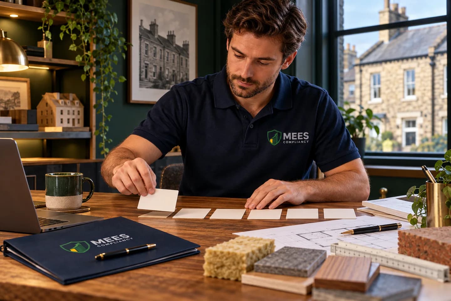 Property coordinator arranging project cards and specification samples