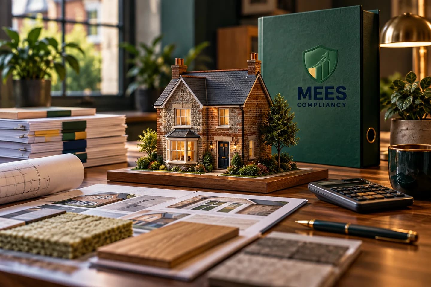 House model and phased property budgeting papers beside a green binder