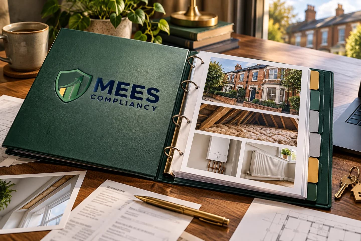 Open green evidence binder with organised records and completion photographs
