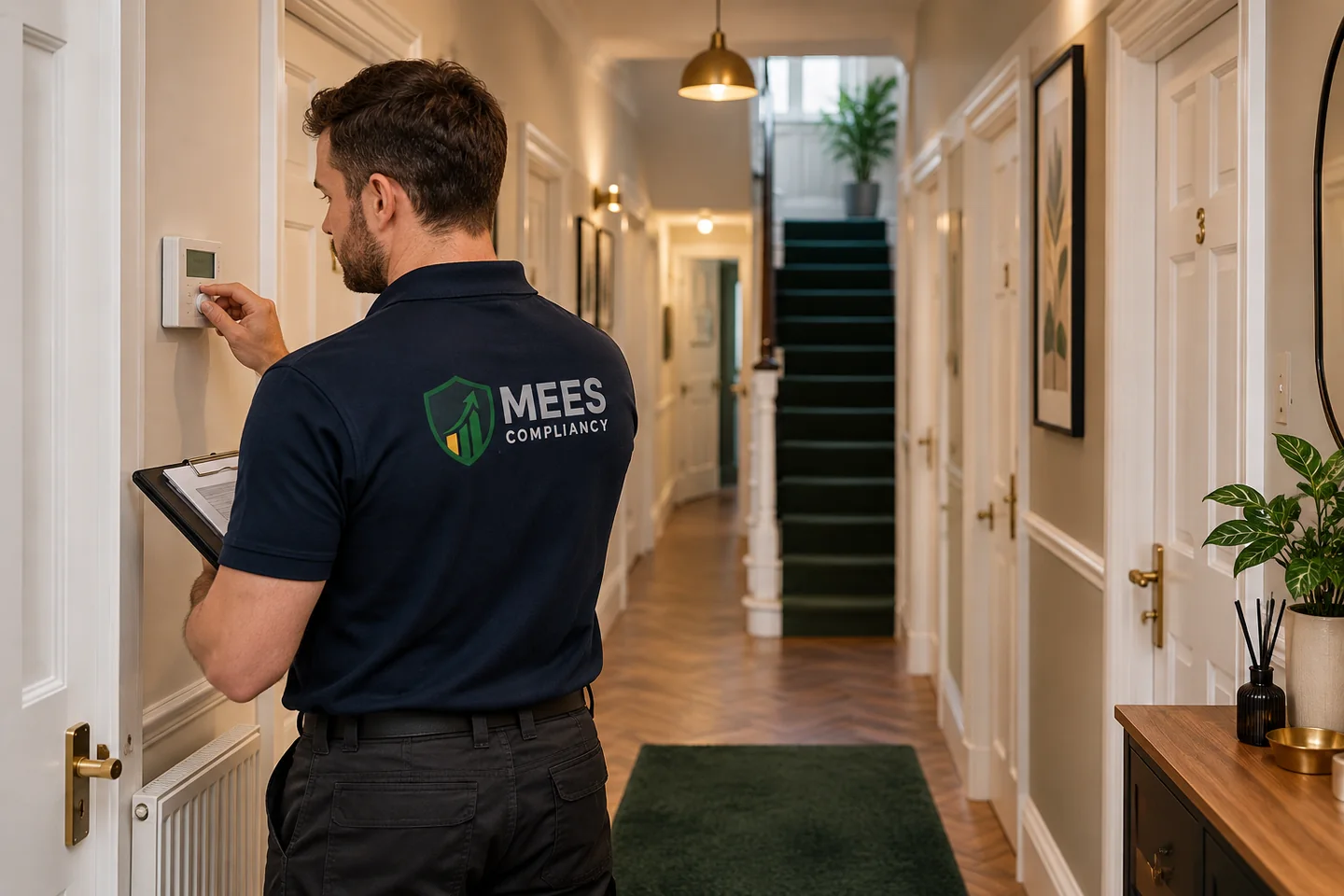Assessor checking heating controls in a shared residential hallway
