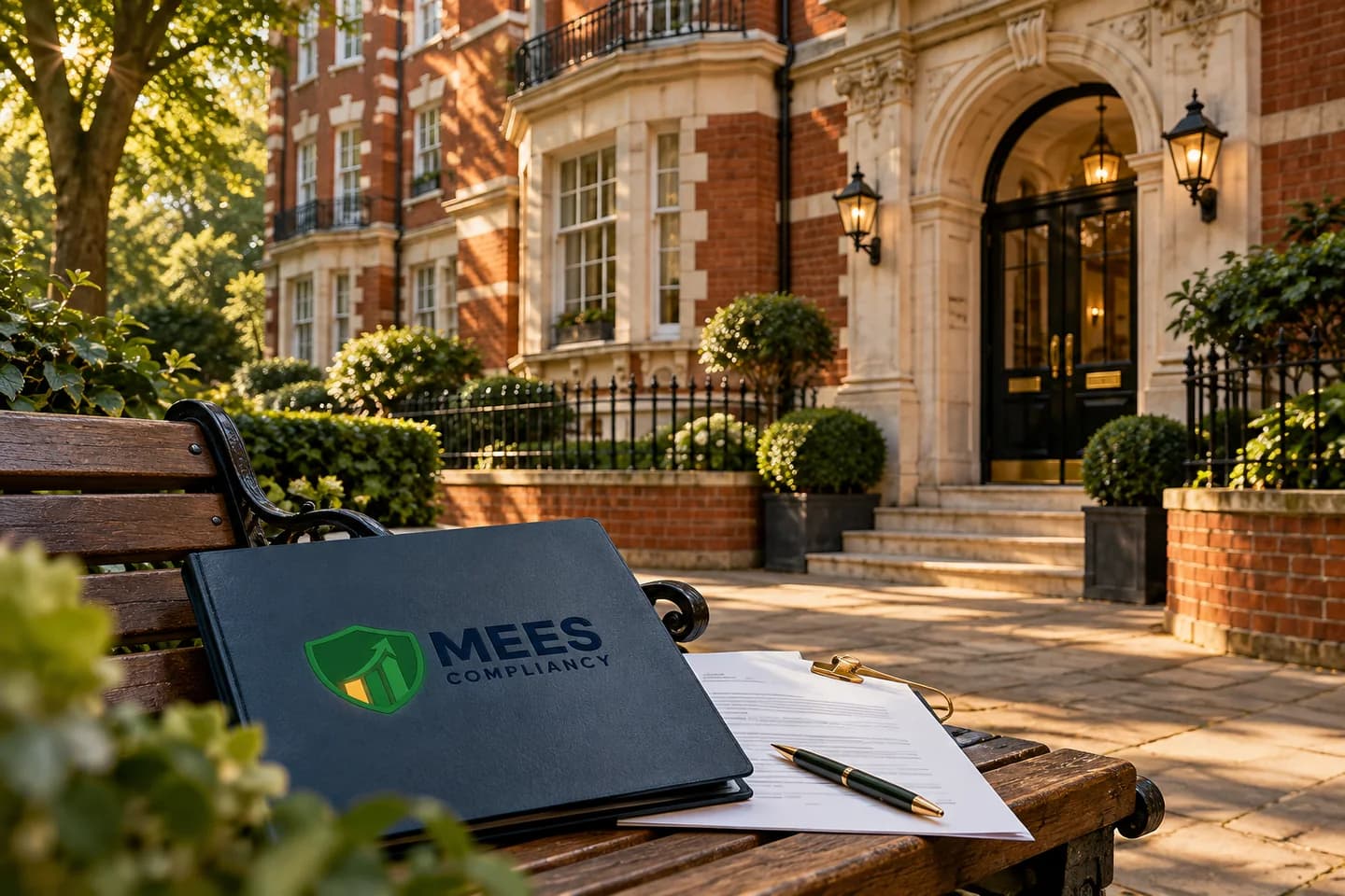 Red-brick mansion block with a property folder and consent correspondence