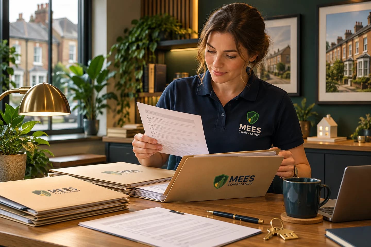 Property coordinator organising files, checklists and keys in an office