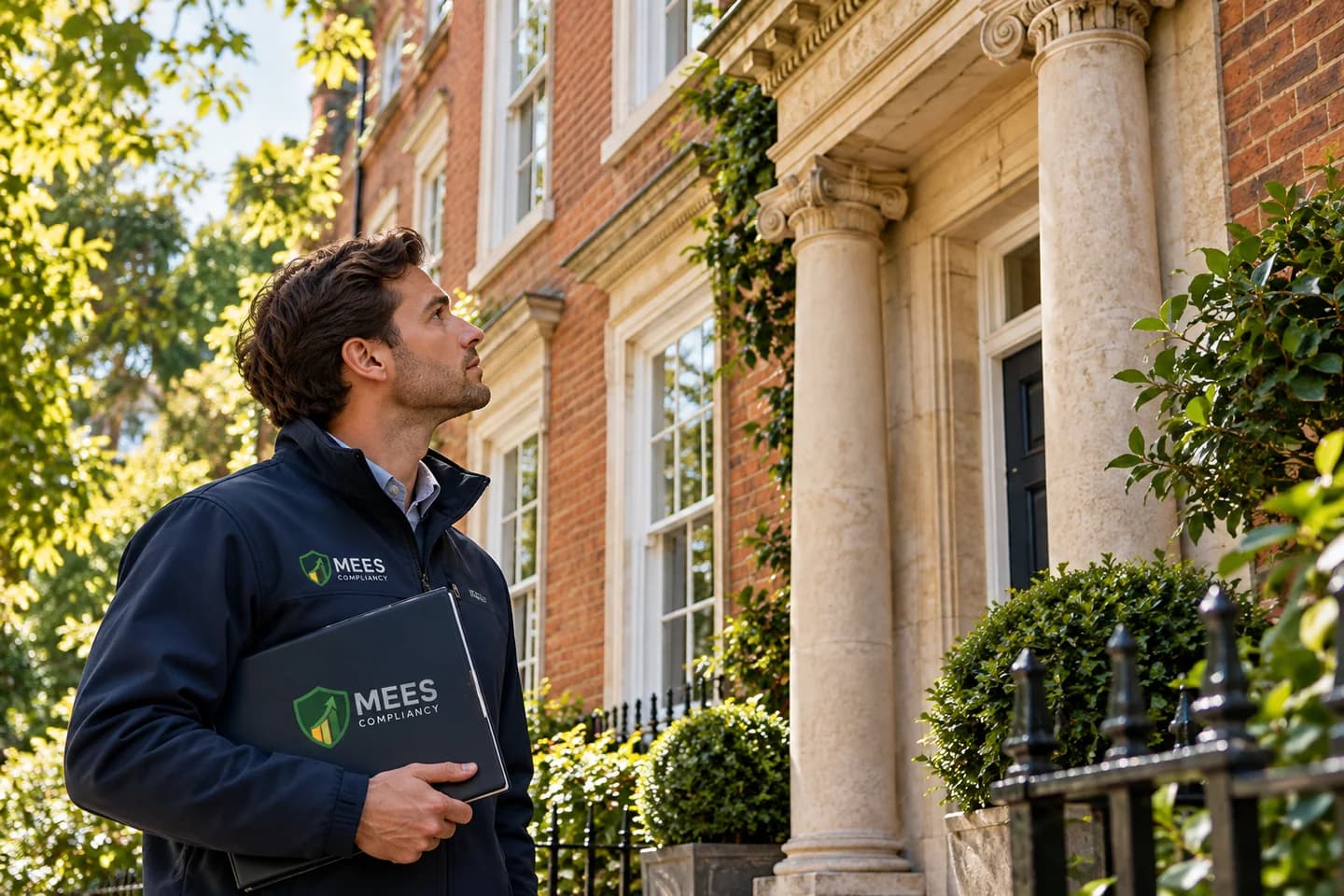 Georgian building with sash windows and a property professional holding a folder