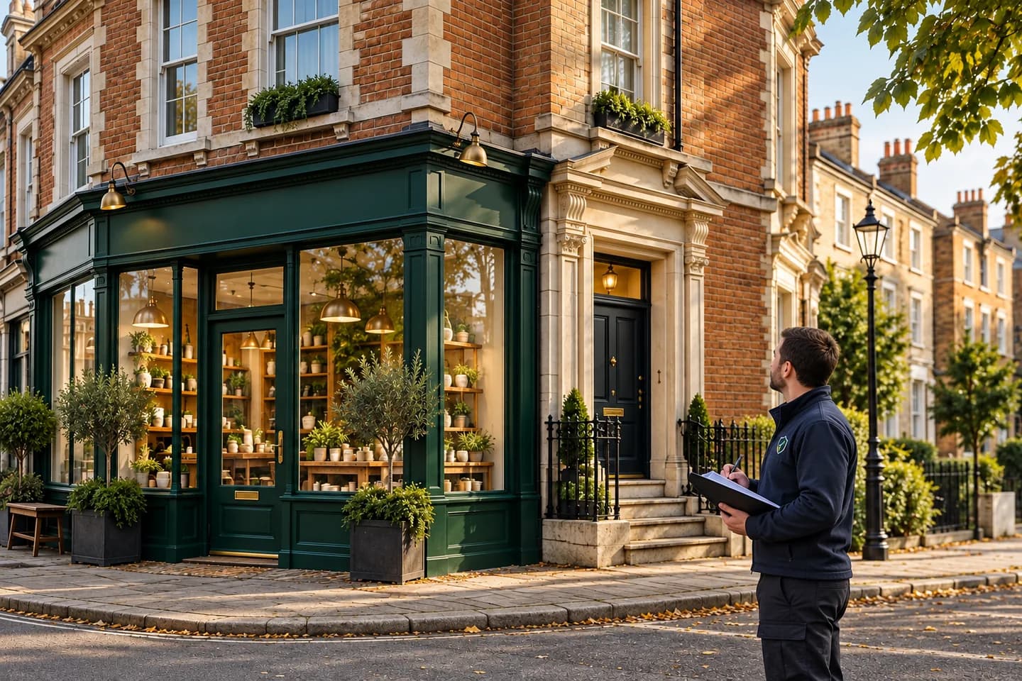 Assessor outside a British high-street shop with a separate residential entrance