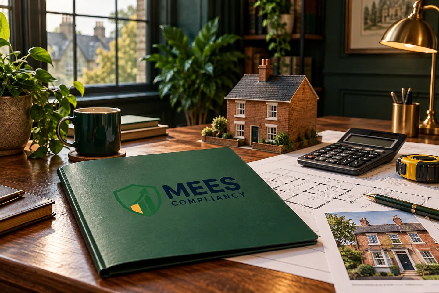 House model, estimates and calculator beside a MEES-branded budgeting folder