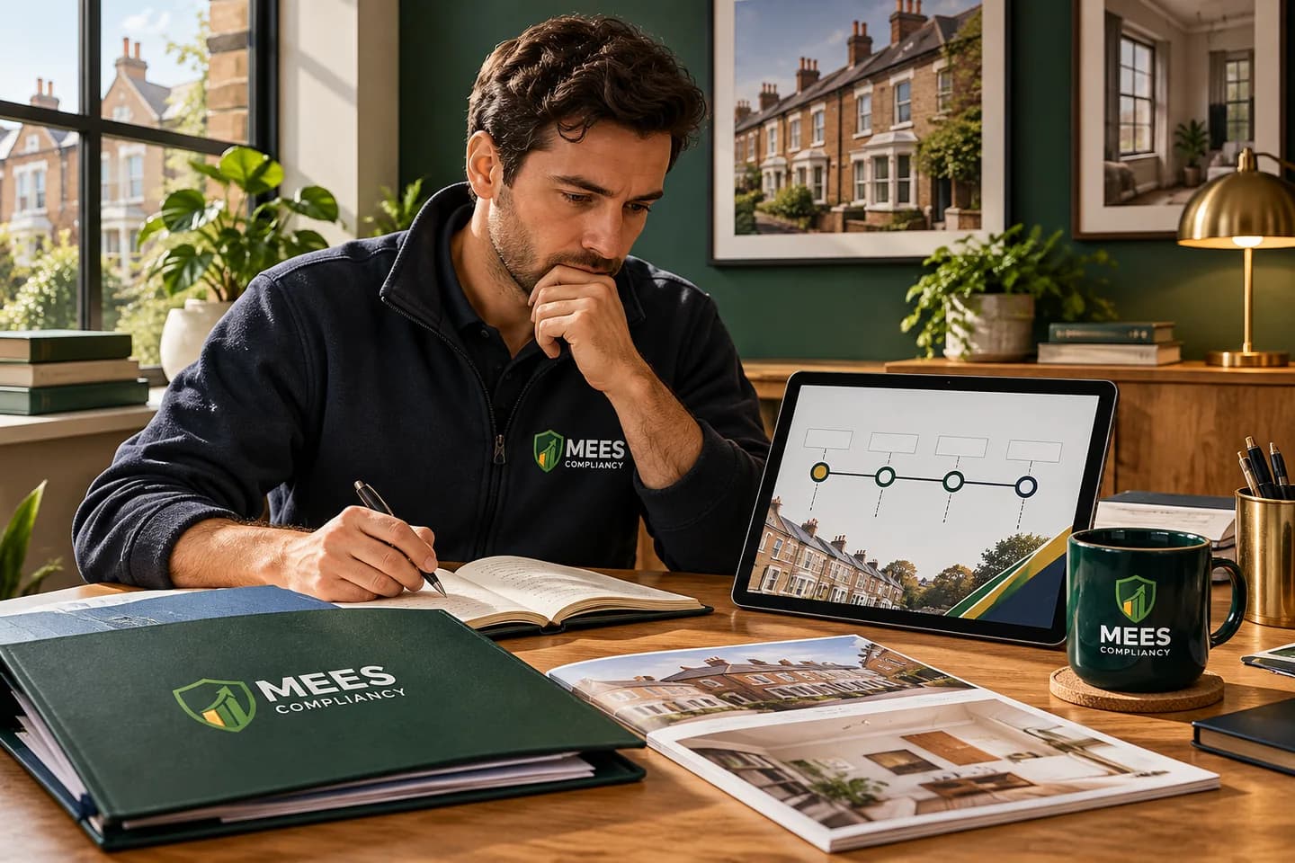 Property planning documents and a tablet on a desk against a green wall
