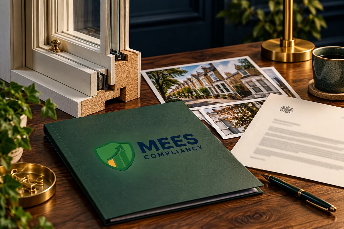 Sash-window section, consent correspondence and property records on a desk