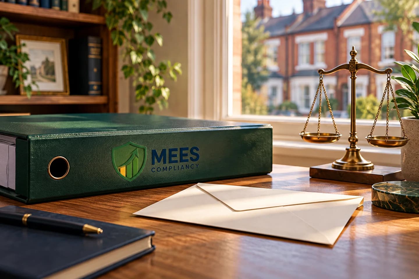 Correspondence envelope and green property binder beside a brass scales ornament