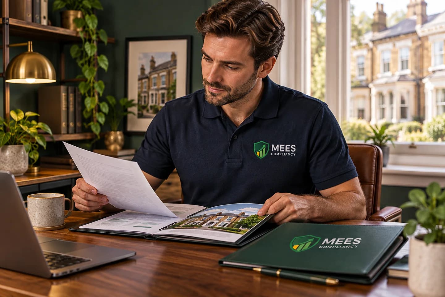 Property adviser reviewing a guide and property file at a desk