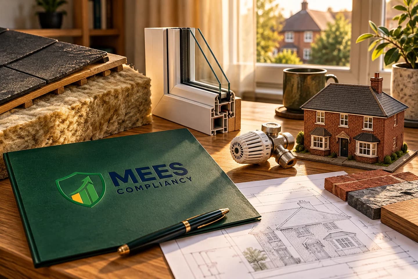 Insulation and glazing samples, radiator valve and house model beside a planning folder