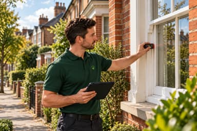 Assessor checking a British home window with a distance meter and tablet