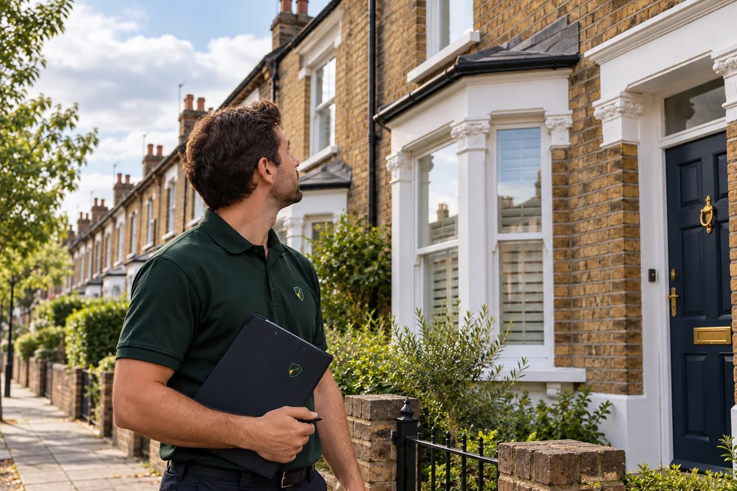 Assessor reviewing the facade of a British terraced rental home