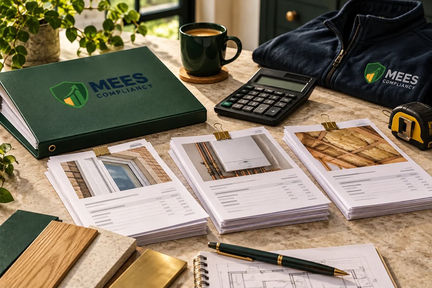 Estimate and receipt stacks with a calculator and specification materials