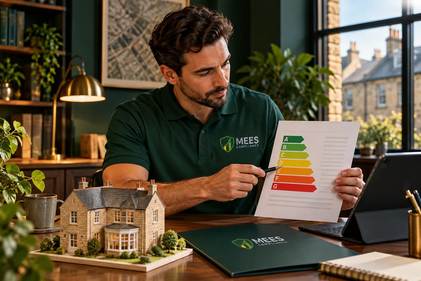 MEES-branded assessor reviewing A–G energy bands beside a house model and tablet