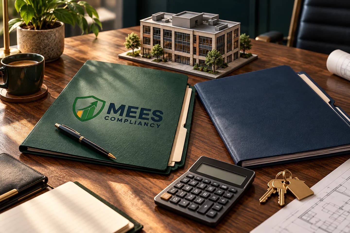 Property files, keys and calculator on a table with a commercial building model