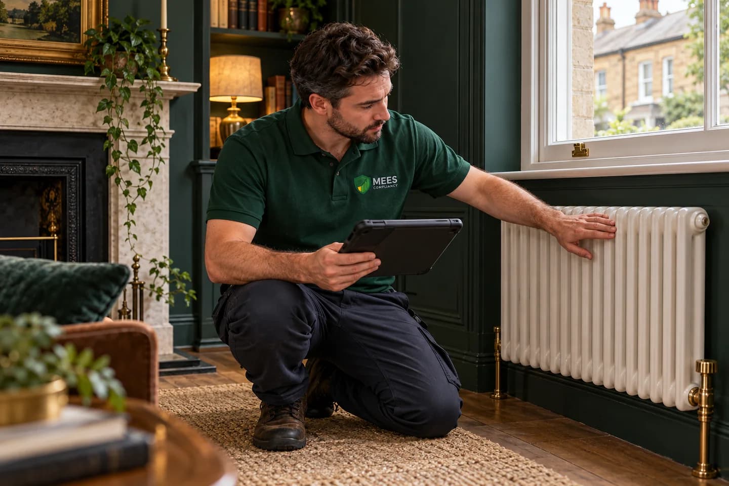 Assessor comparing radiator details with records on a tablet