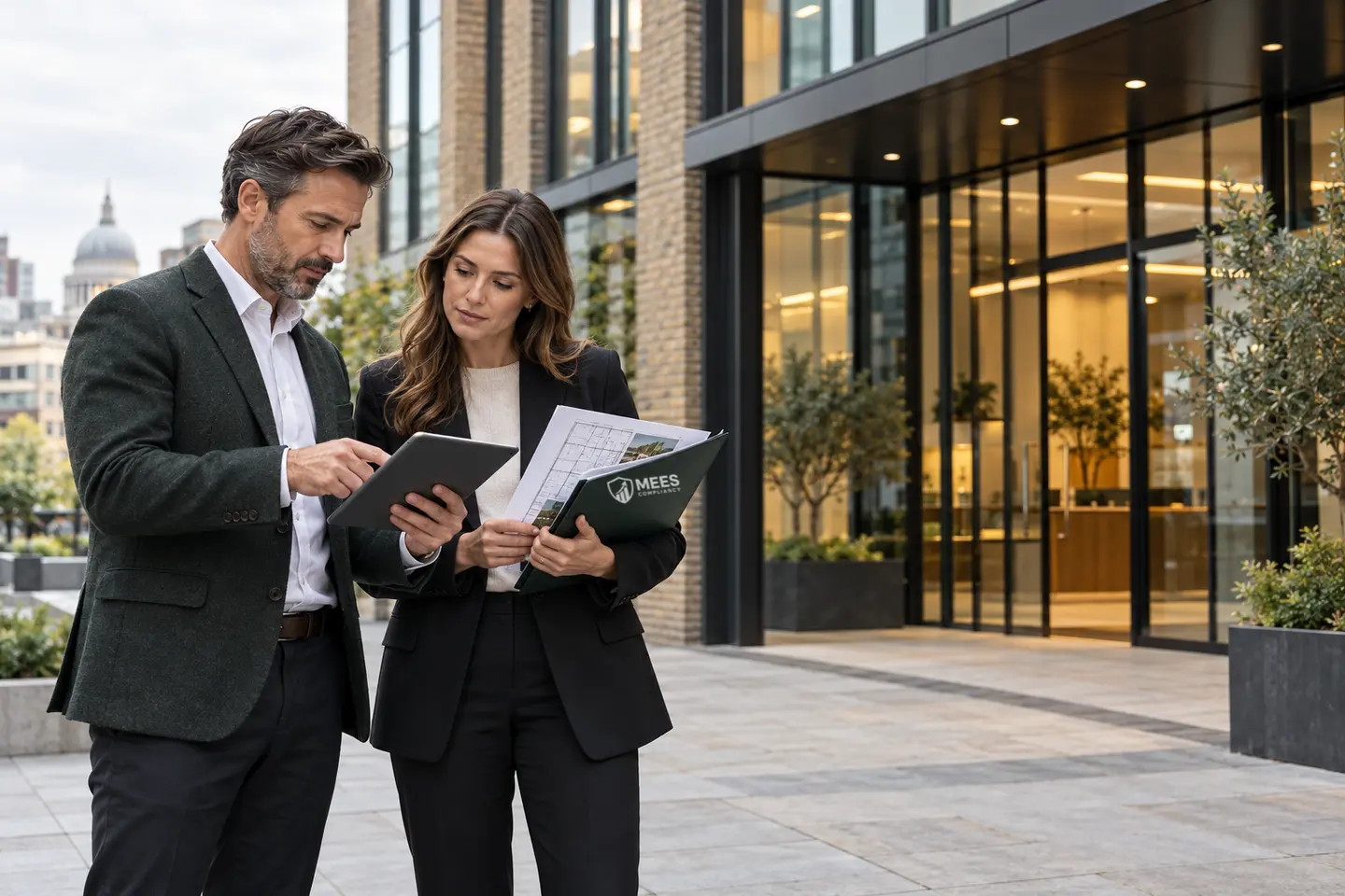 Commercial property advisers reviewing MEES evidence at a London office building