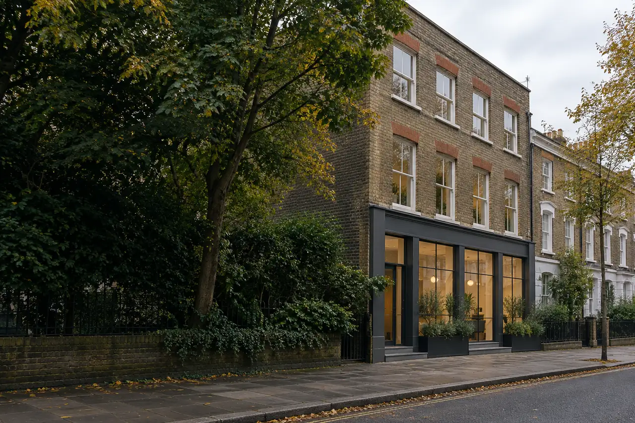 London brick commercial property with ground-floor glazing and mature street trees