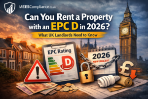 Can landlords rent out a property with EPC D in 2026 blog image showing EPC rating D, UK housing, 2026 rules warning, and landlord compliance theme
