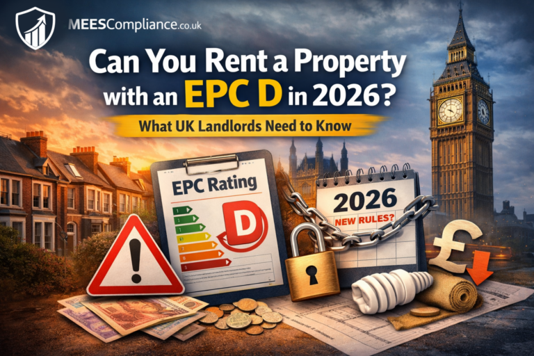 Can landlords rent out a property with EPC D in 2026 blog image showing EPC rating D, UK housing, 2026 rules warning, and landlord compliance theme