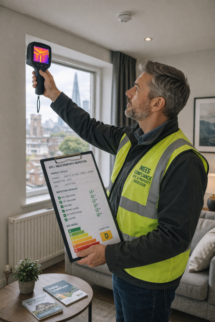 An energy assessor using a thermal imaging camera near a window during a domestic EPC inspection.