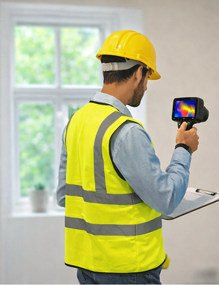 An energy assessor using a thermal imaging camera during a building survey.