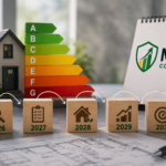 MEES Compliance 2030 roadmap showing EPC rating scale, model home, and milestone blocks from 2026 to 2030.