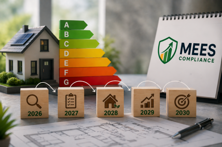MEES Compliance 2030 roadmap showing EPC rating scale, model home, and milestone blocks from 2026 to 2030.