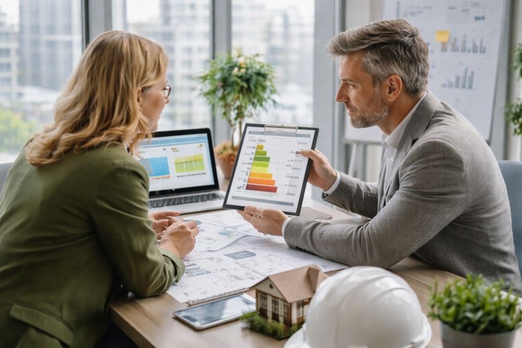 An energy consultant showing an EPC rating chart on a tablet to a commercial property client.