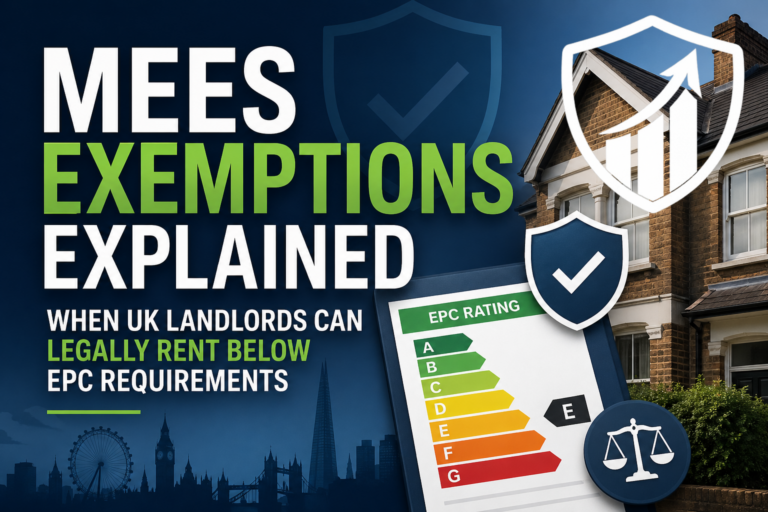 MEES exemptions explained for UK landlords with EPC rating certificate, compliance shield and rental property.