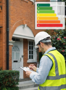 An EPC surveyor writing notes outside a brick house with an energy efficiency graphic overlay.