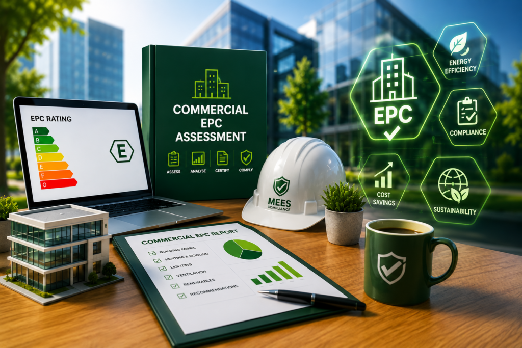 Commercial EPC assessment scene with EPC rating, non-domestic property model, energy report and MEES compliance visuals.