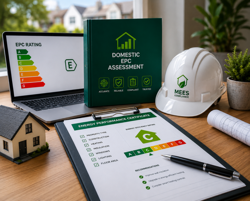 Domestic EPC assessment desk setup with energy performance certificate, EPC rating chart and residential property model